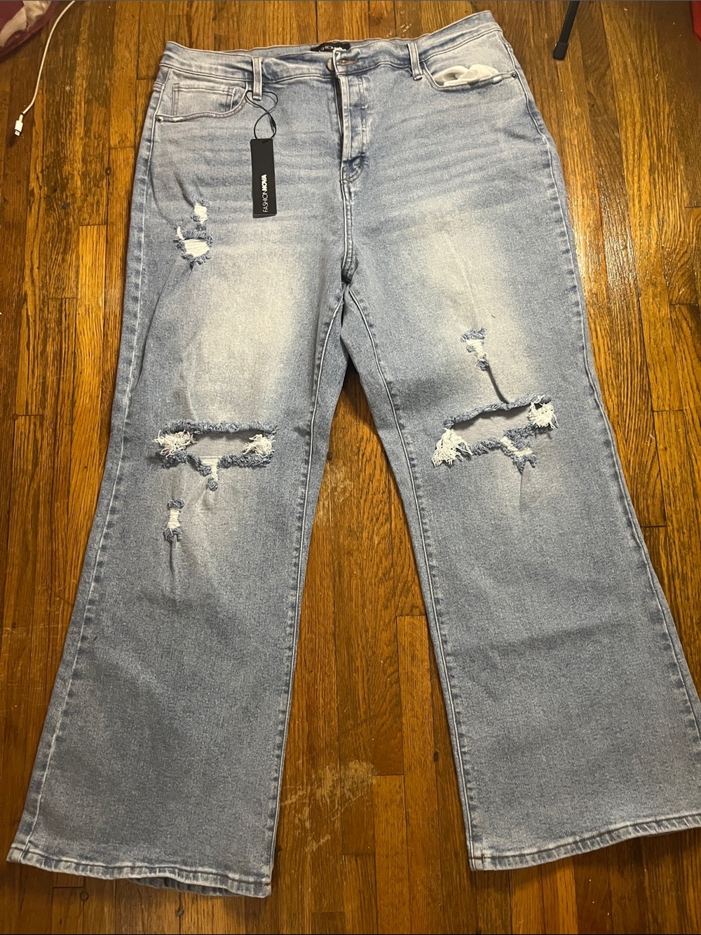 Fashion Nova Light Blue Distressed Wide-Leg Jeans